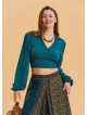 Shirt Collar Button Detailed Petrol Crop Blouse 4432
